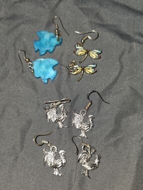 Assorted Earrings Set — Blue Fish, Yellow Dragonfly, Silver Rooster